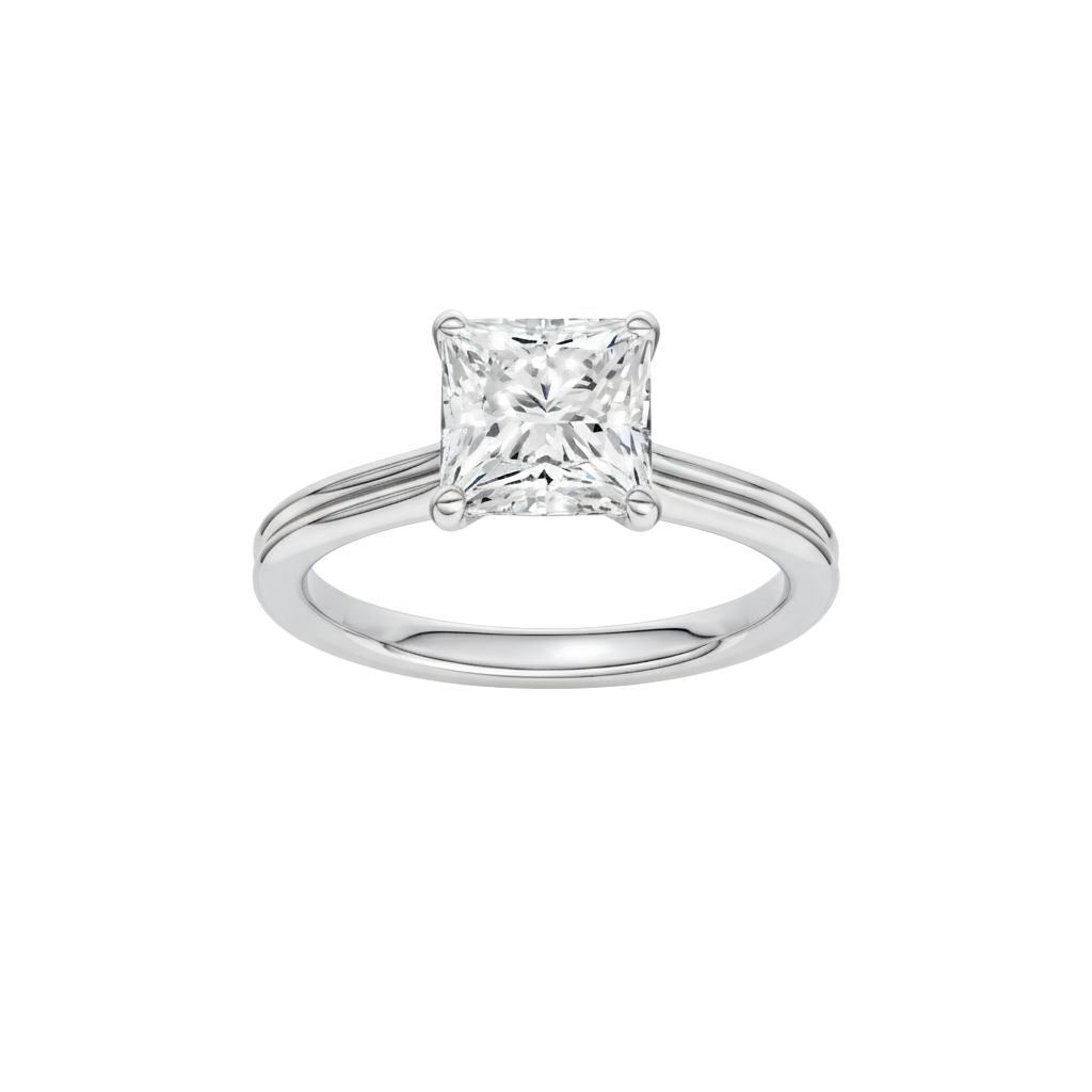 Princess-cut diamond engagement ring with a plain band and solitaire setting.