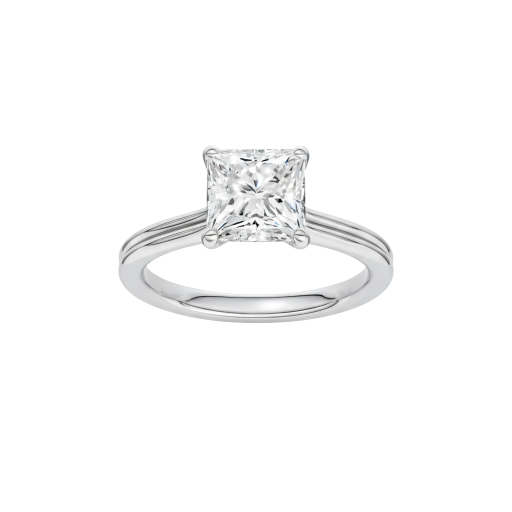 Princess-cut diamond engagement ring with a plain band and solitaire setting.
