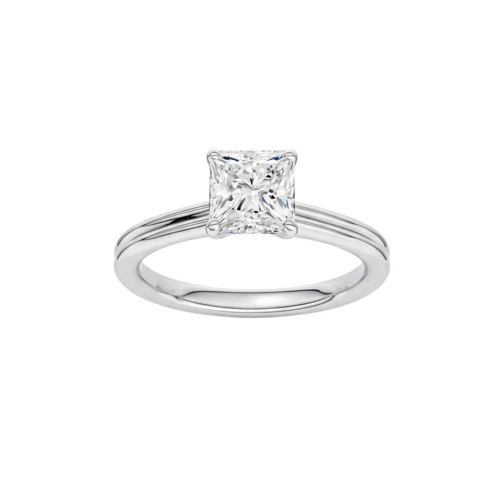 Princess-cut diamond engagement ring with a plain band and solitaire setting.