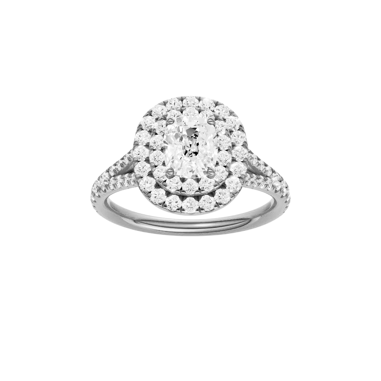 Elongated cushion-cut diamond engagement ring with a prong-set diamond band and double-halo setting.