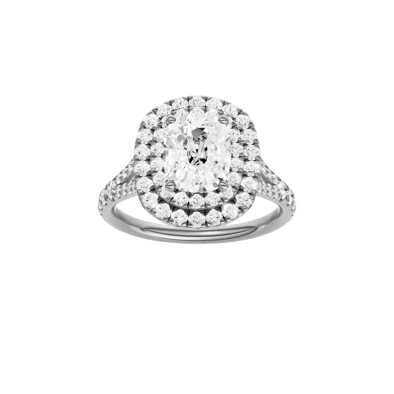 Elongated cushion-cut diamond engagement ring with a prong-set diamond band and double-halo setting.