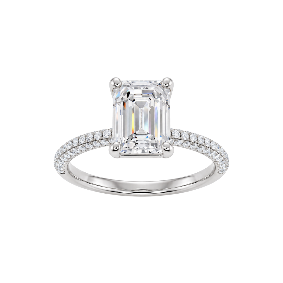 A front view of the Emerald cut diamond engagement ring in platinum with a prong diamond band and cathedral setting
