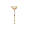 A side view of the Emerald cut diamond engagement ring in 14k yellow gold with a prong diamond band and cathedral setting