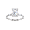 A front view of the Emerald cut diamond engagement ring in 14k white gold with a prong diamond band and cathedral setting