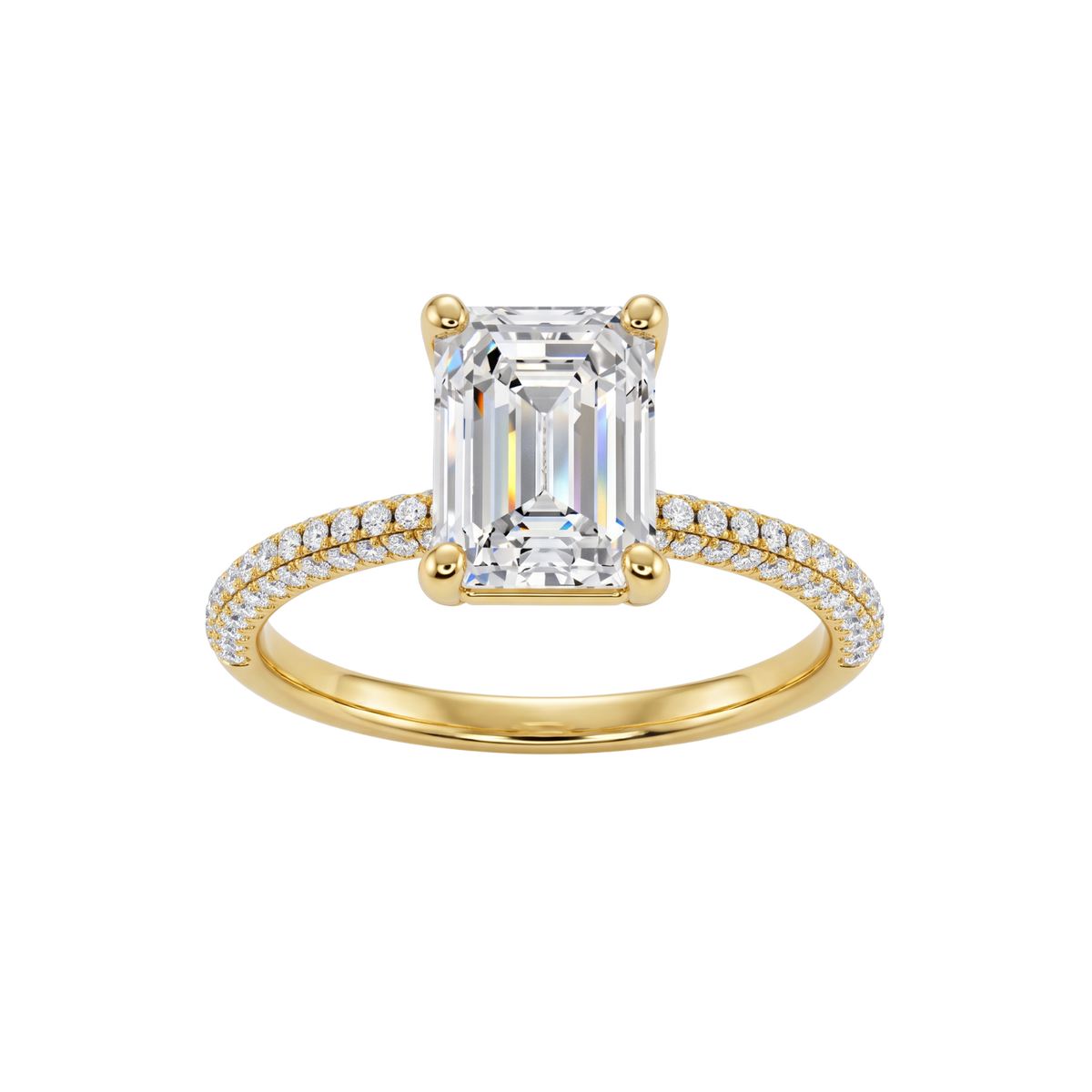 A front view of the Emerald cut diamond engagement ring in 14k yellow gold with a prong diamond band and cathedral setting
