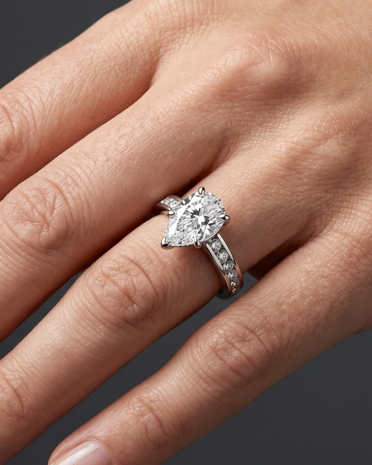 A close-up of a woman's hand resting elegantly against a dark charcoal gray background, wearing a platinum engagement ring with a large pear-cut diamond and a channel-set diamond band.