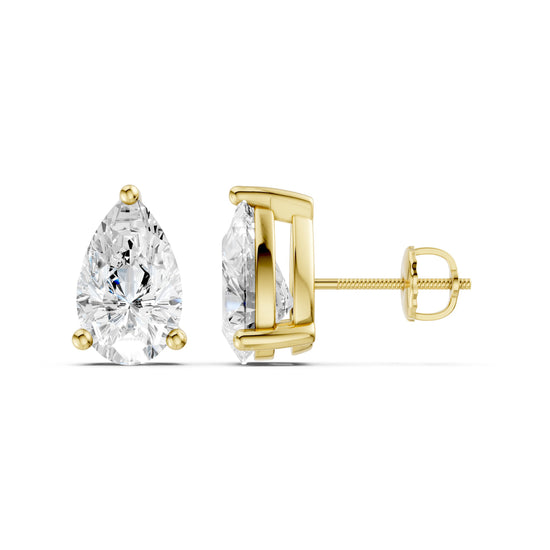 Amorati Diamonds pair of 2.0 carat pear-cut diamond stud earrings in 14K yellow gold, shown from the front and side angles on a clean white background.