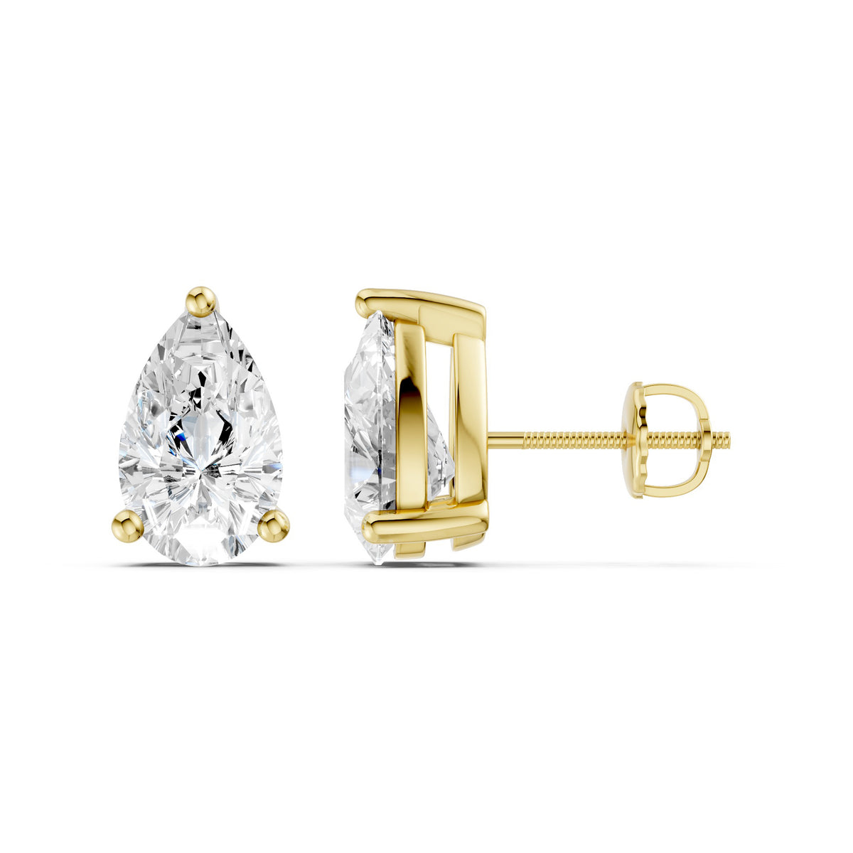 Amorati Diamonds pair of 2.0 carat pear-cut diamond stud earrings in 14K yellow gold, shown from the front and side angles on a clean white background.