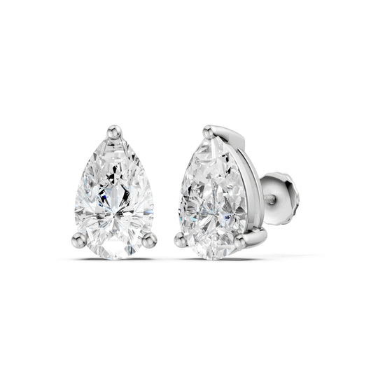 Amorati Diamonds 4.0 carat pair of pear-cut diamond stud earrings in a silver-tone setting, shown on a clean white background with one earring facing forward and the other angled to show the post and backing.
