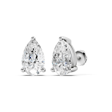 Amorati Diamonds 4.0 carat pair of pear-cut diamond stud earrings in a silver-tone setting, shown on a clean white background with one earring facing forward and the other angled to show the post and backing.