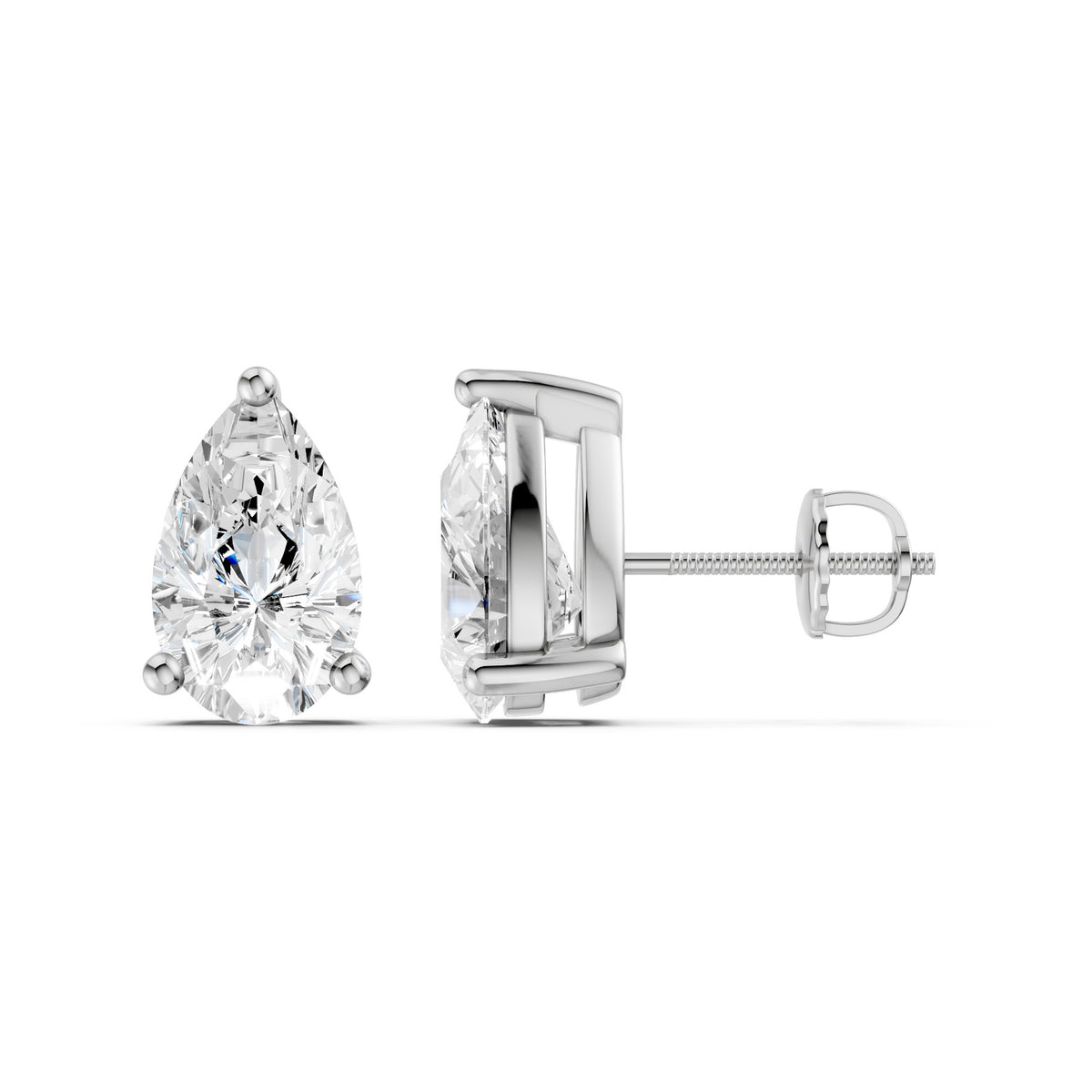 Amorati Diamonds 4.0 carat pair of pear-cut diamond stud earrings in a 14K white gold setting, shown from the front and side angles on a clean white background.
