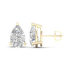 Amorati Diamond pair of 6.0 carat pear-cut diamond stud earrings in 14K yellow gold settings, shown from the front and side on a clean white background.