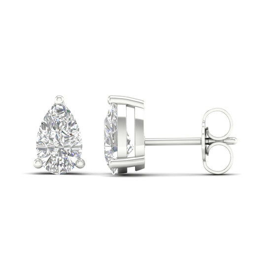 Amorati Diamonds pair of white gold, yellow gold, sterling silver 1.0 carat pair-cut stud earrings featuring pear-cut diamonds, shown in a front-facing and side-profile view against a clean white background.