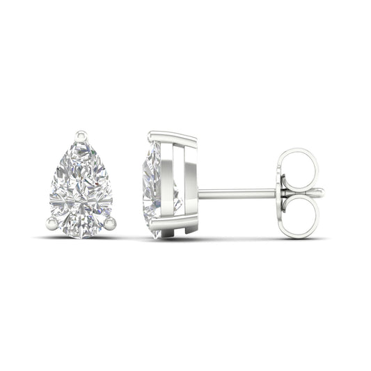 Amorati Diamonds pair of white gold, yellow gold, sterling silver 1.0 carat pair-cut stud earrings featuring pear-cut diamonds, shown in a front-facing and side-profile view against a clean white background.