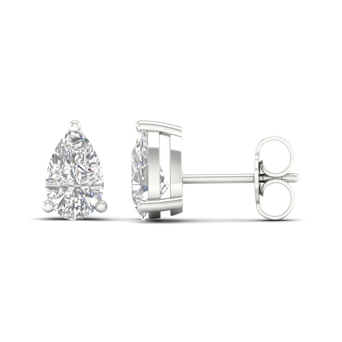 Amorati Diamonds pair of 14K white gold stud earrings featuring pear-cut diamonds; 1, 2, 3, 4, 6 carat. Shown in a front-facing and side-profile view against a clean white background.