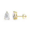 Amorati Diamonds 2.0 carat pair of yellow gold stud earrings with pear-cut clear gemstones, shown from front and side angles on a clean white background.