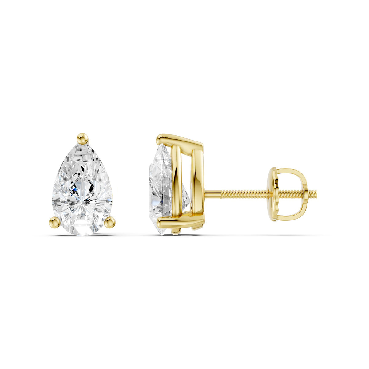 Amorati Diamonds 2.0 carat pair of yellow gold stud earrings with pear-cut clear gemstones, shown from front and side angles on a clean white background.
