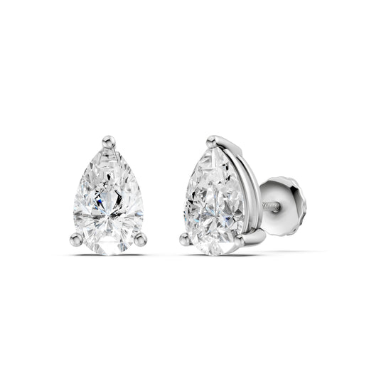 Amorati Diamonds pair of 2.0 carat pear-cut diamond stud earrings in a silver four-prong setting, with one earring facing forward and the other angled to show the post and butterfly back, on a solid white background.