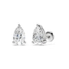 Amorati Diamonds pair of 2.0 carat pear-cut diamond stud earrings in a silver four-prong setting, with one earring facing forward and the other angled to show the post and butterfly back, on a solid white background.