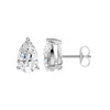 A pair of 3.0 carat pear-cut sparkling diamond stud earrings in a polished silver-tone setting, shown from the front and side on a clean white background.