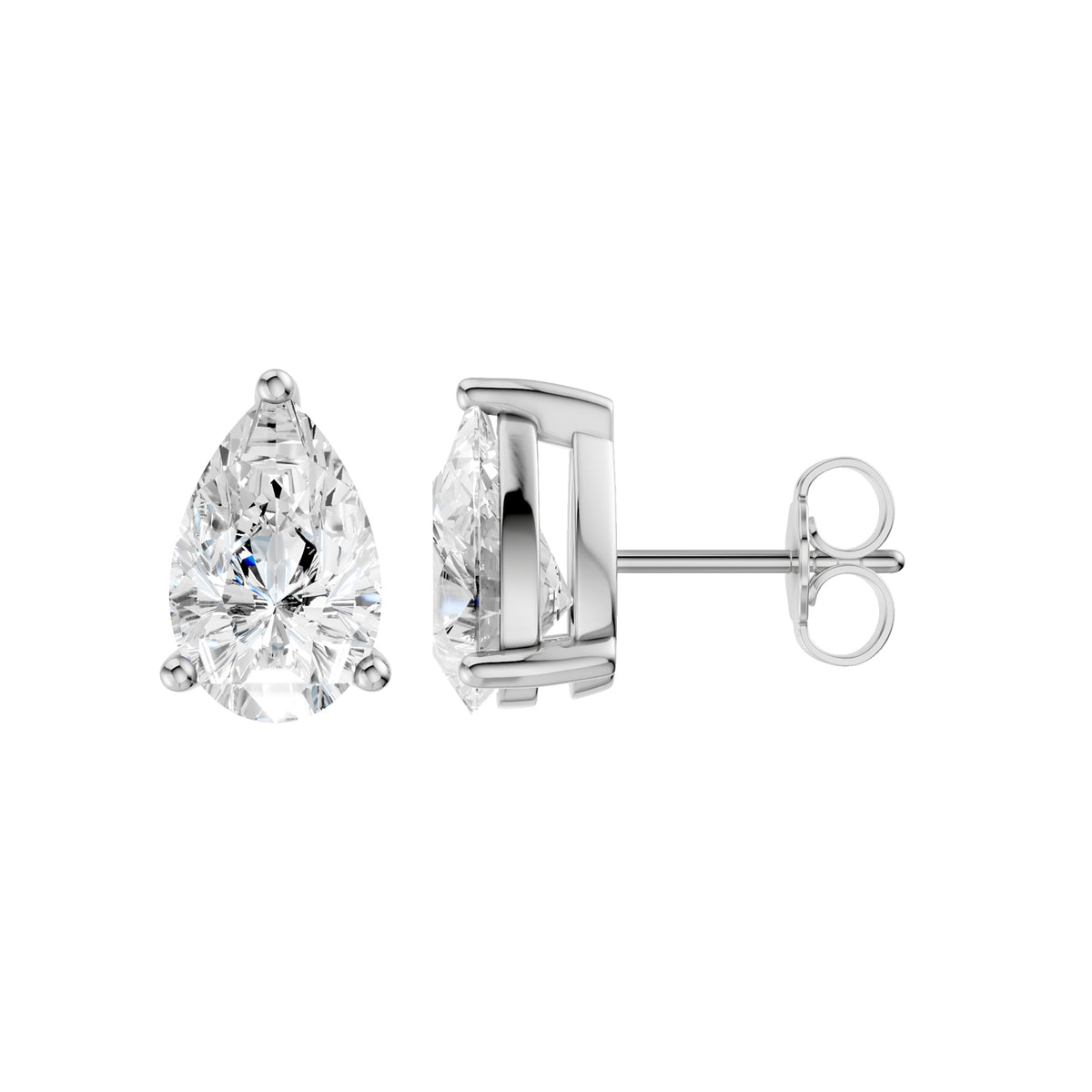 Amorati Diamonds pair of pear-cut diamond stud earrings in a polished 14K white gold 3-prong setting, shown from the front and side on a clean white background.