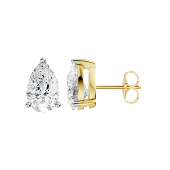 Amorati Diamonds pair of 3.0 carat pear-cut lab grown diamond stud earrings in yellow gold settings, shown from the front and side on a plain white background.