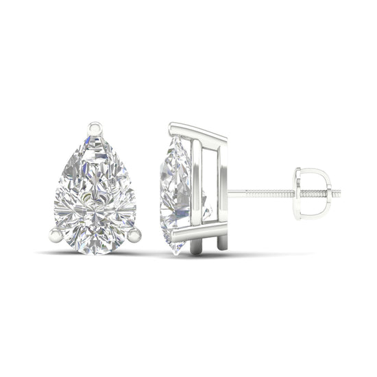Amorati Diamonds pair of 6 carat pear-cut diamond stud earrings in a silver four-prong setting, shown from the front and side profile on a white background.