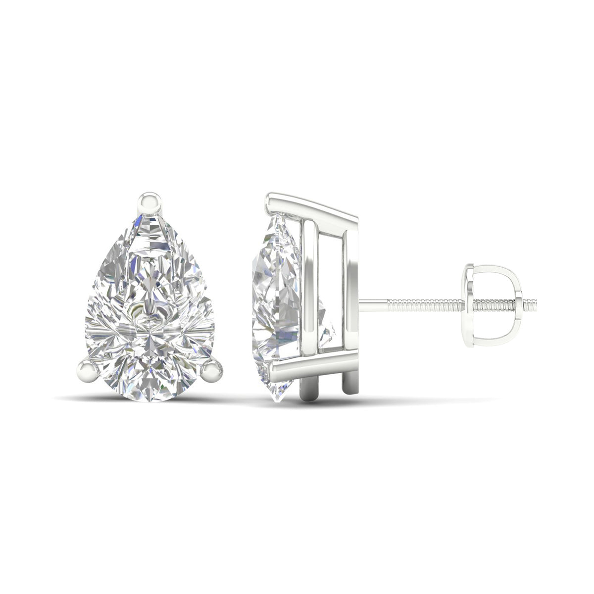 Amorati Diamonds pair of 6 carat pear-cut diamond stud earrings in a silver four-prong setting, shown from the front and side profile on a white background.