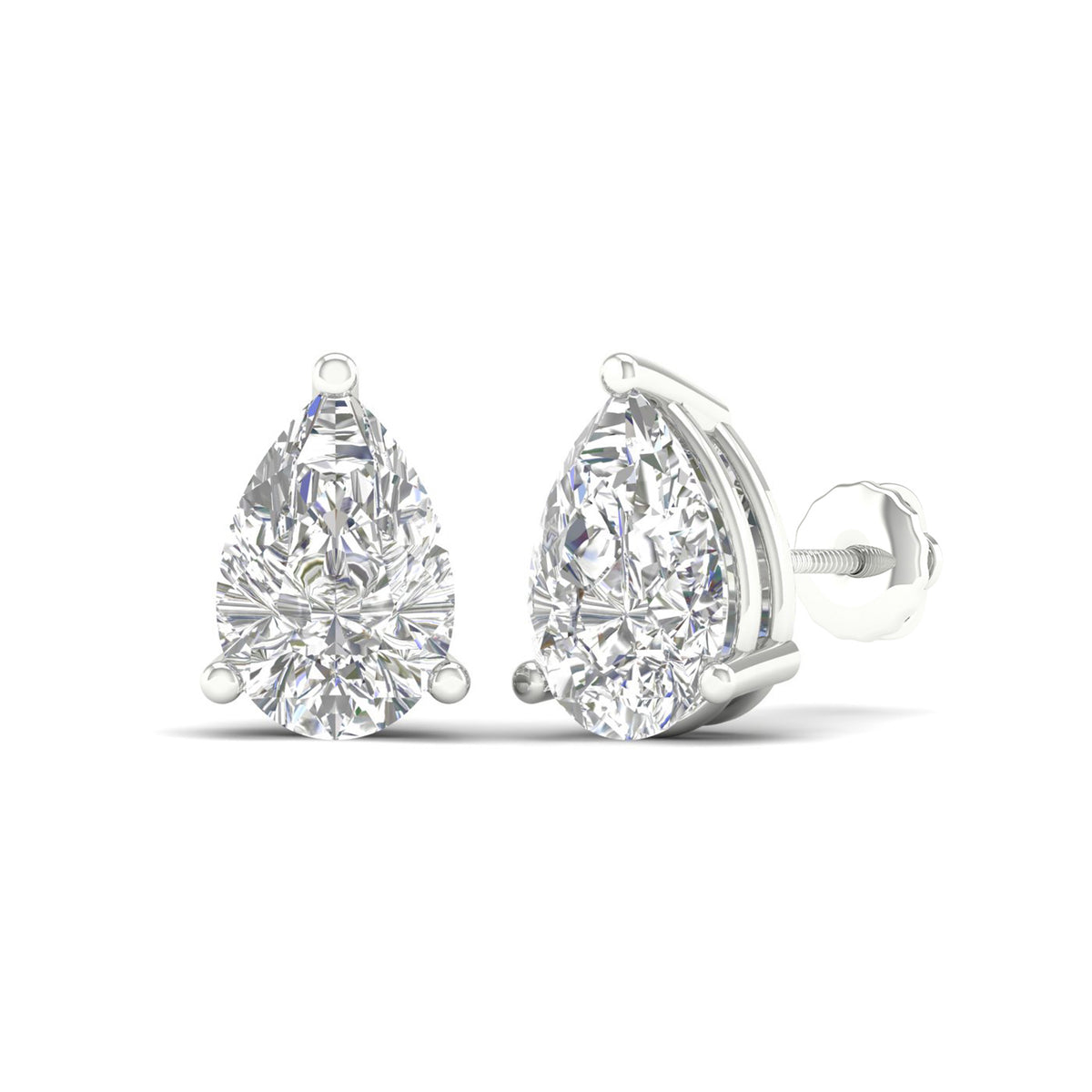 Amorati Diamond 6.0 carat pear-cut lab grown diamond stud earrings in white 14K gold with screw back. 