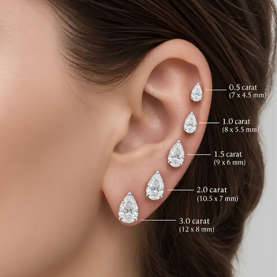 Amorati Diamonds womens ear with 5 pear cut diamonds .5, 1, 1.5, 2, 3 carats up the ear to show the size difference.
