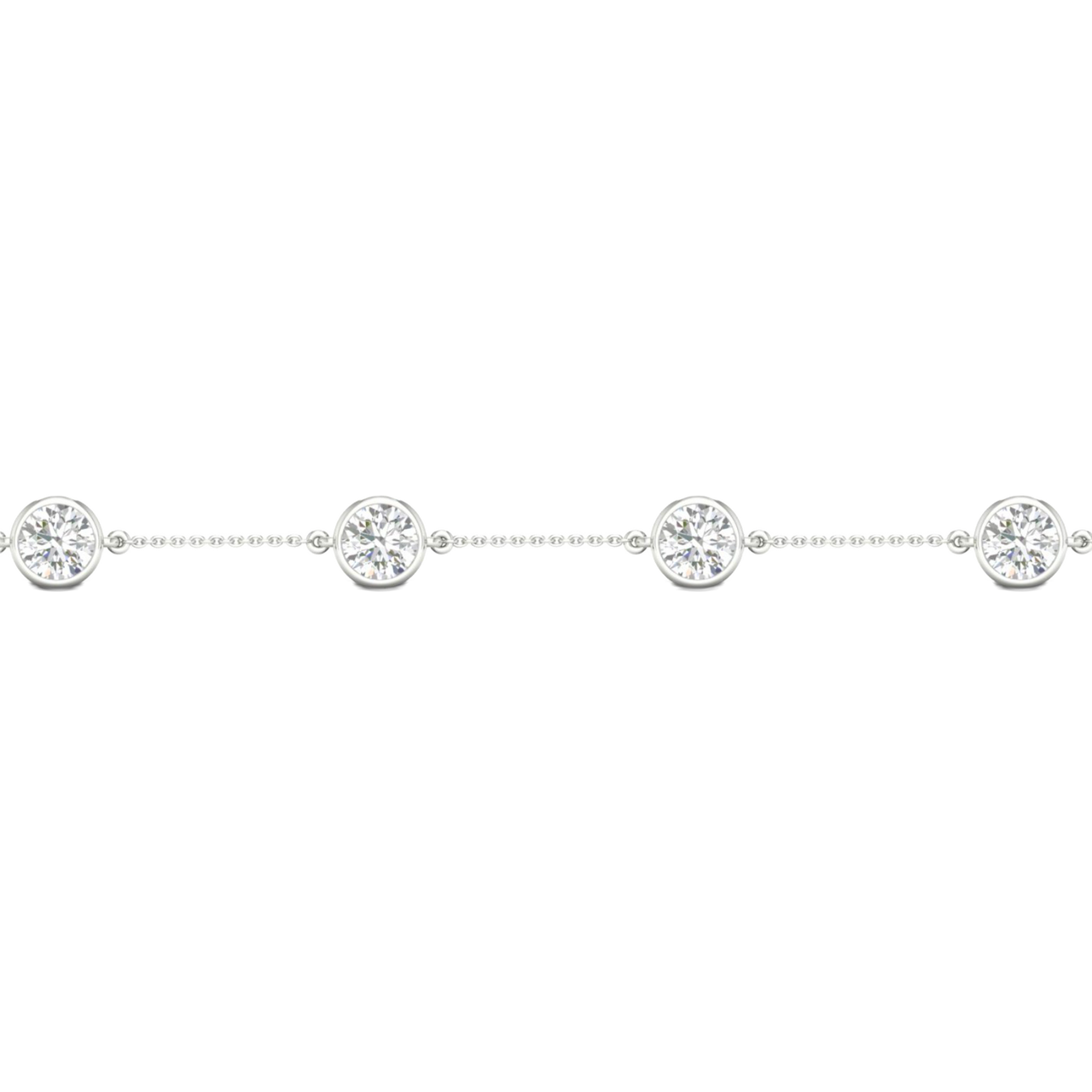 A close-up side view of a 14K white gold bracelet, showing a series of bezel-set diamonds connected by a delicate chain.