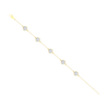 A full top-down view of a 14K yellow gold bracelet, showing the spaced-out, bezel-set diamonds on the delicate chain.