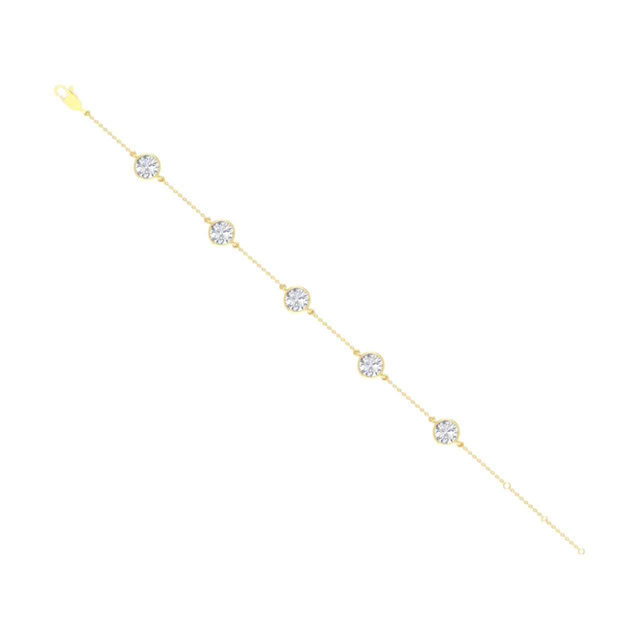 A full top-down view of a 14K yellow gold bracelet, showing the spaced-out, bezel-set diamonds on the delicate chain.