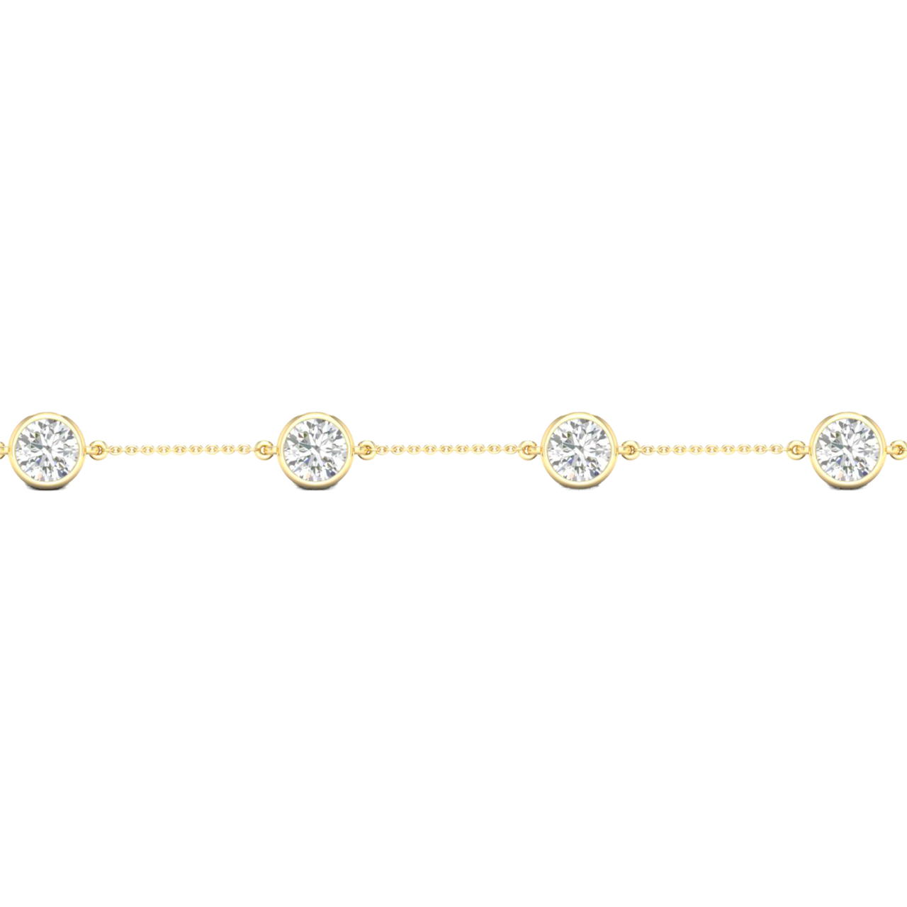 A close-up side view of a 14K yellow gold bracelet, showing a series of bezel-set diamonds connected by a delicate chain.