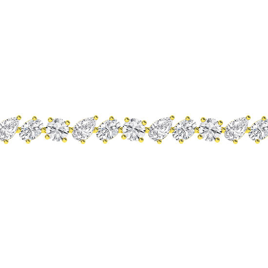 Front view of a marquise-cut diamond tennis bracelet in yellow gold, featuring a continuous row of marquise diamonds set in a sleek, articulated design.
