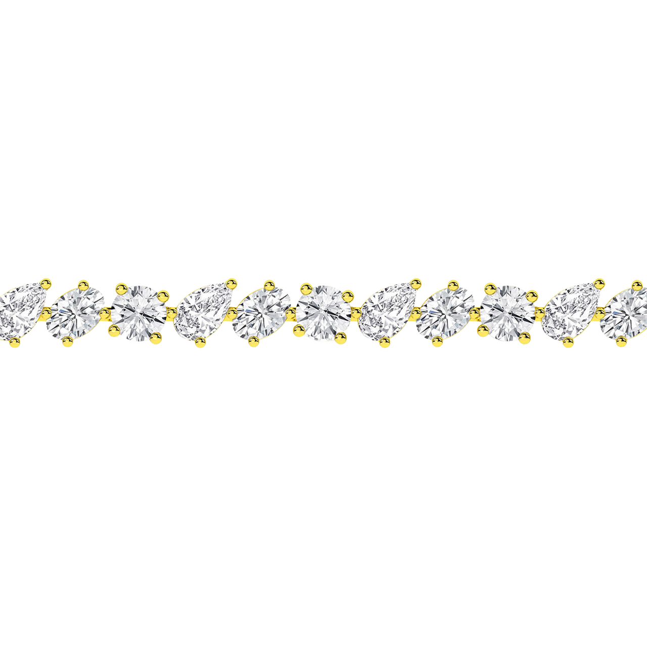 Front view of a marquise-cut diamond tennis bracelet in yellow gold, featuring a continuous row of marquise diamonds set in a sleek, articulated design.