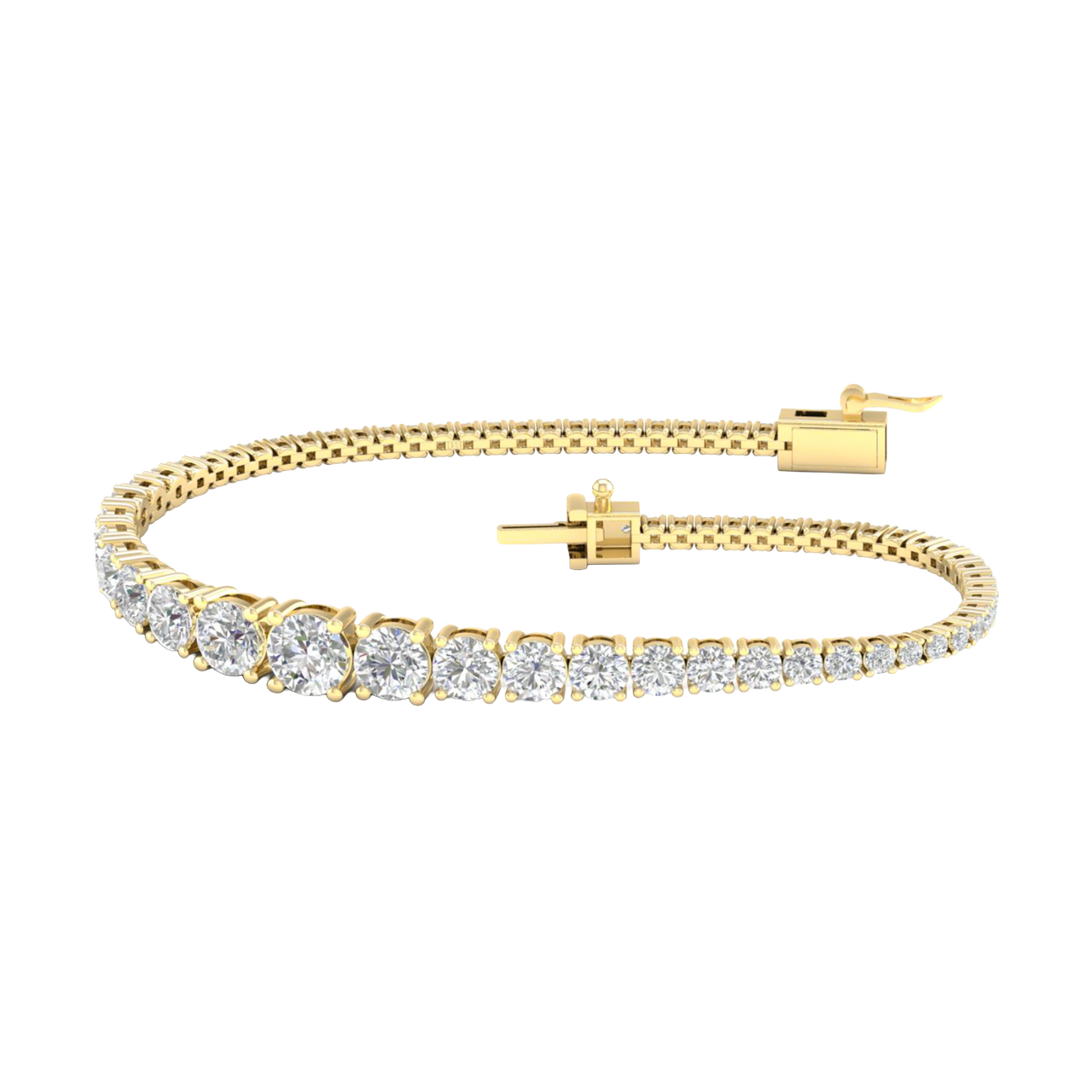A full top-down view of a 14K yellow gold tennis bracelet, coiled to show the cascading line of round diamonds and the clasp.