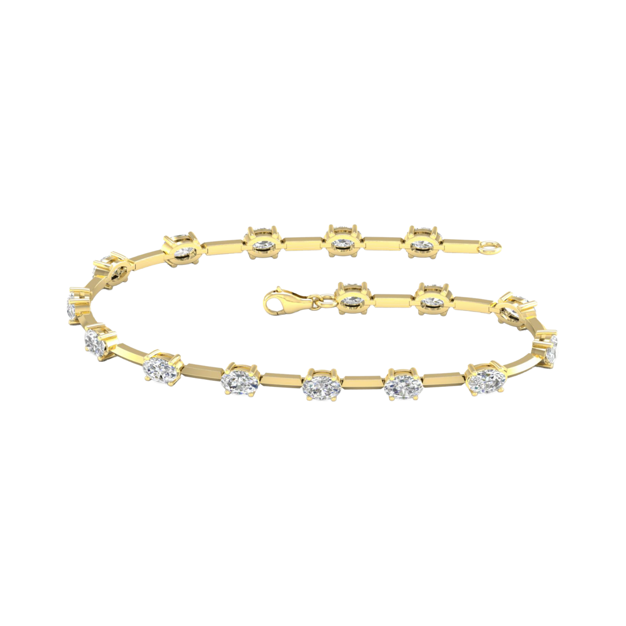 A full top-down view of a 14K yellow gold tennis bracelet, coiled to show the continuous line of square-cut diamonds.