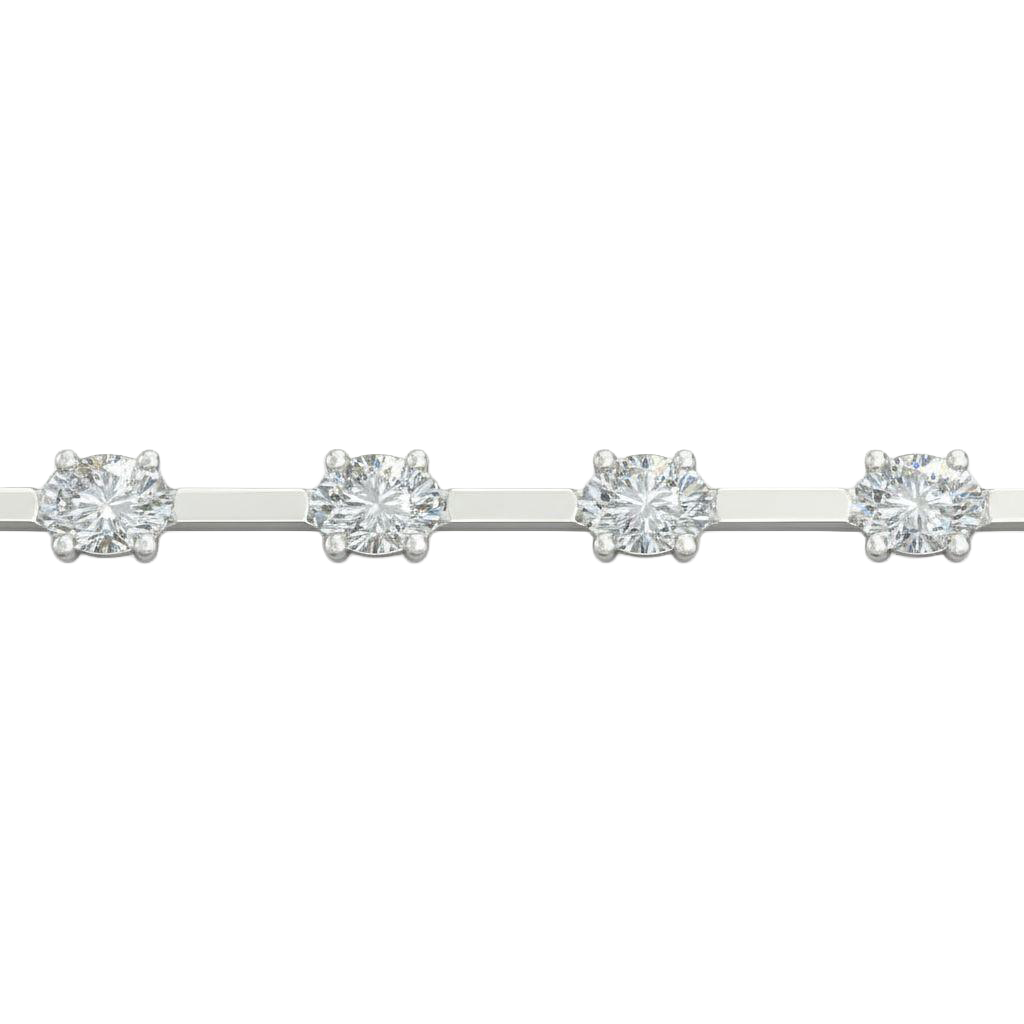 A close-up side view of a 14K white gold tennis bracelet, showing the line of square-cut diamonds and their setting.
