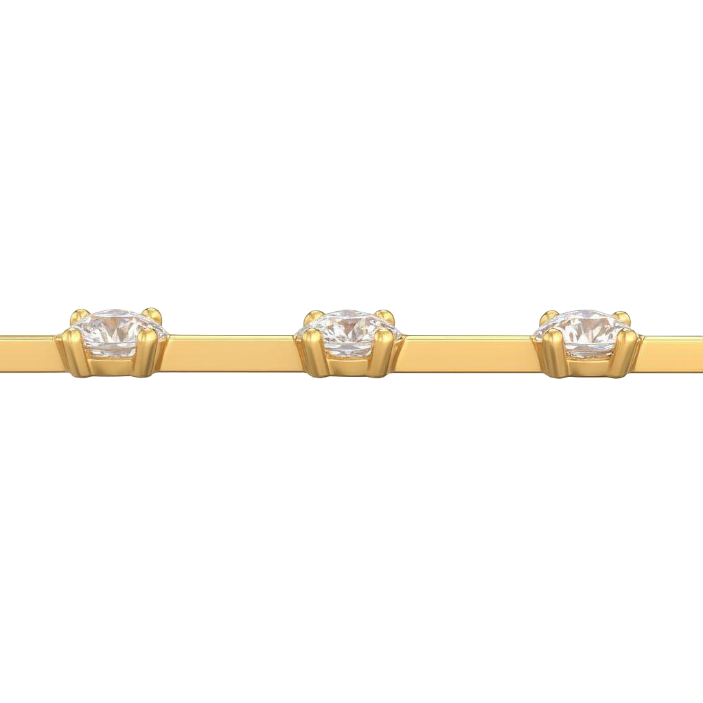 A close-up side view of a 14K yellow gold tennis bracelet, showing the line of square-cut diamonds and their setting.