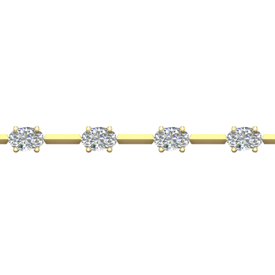 A close-up side view of a 14K yellow gold tennis bracelet, showing the line of square-cut diamonds and their setting.