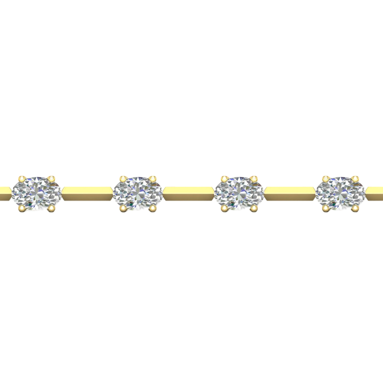 A close-up side view of a 14K yellow gold tennis bracelet, showing the line of square-cut diamonds and their setting.