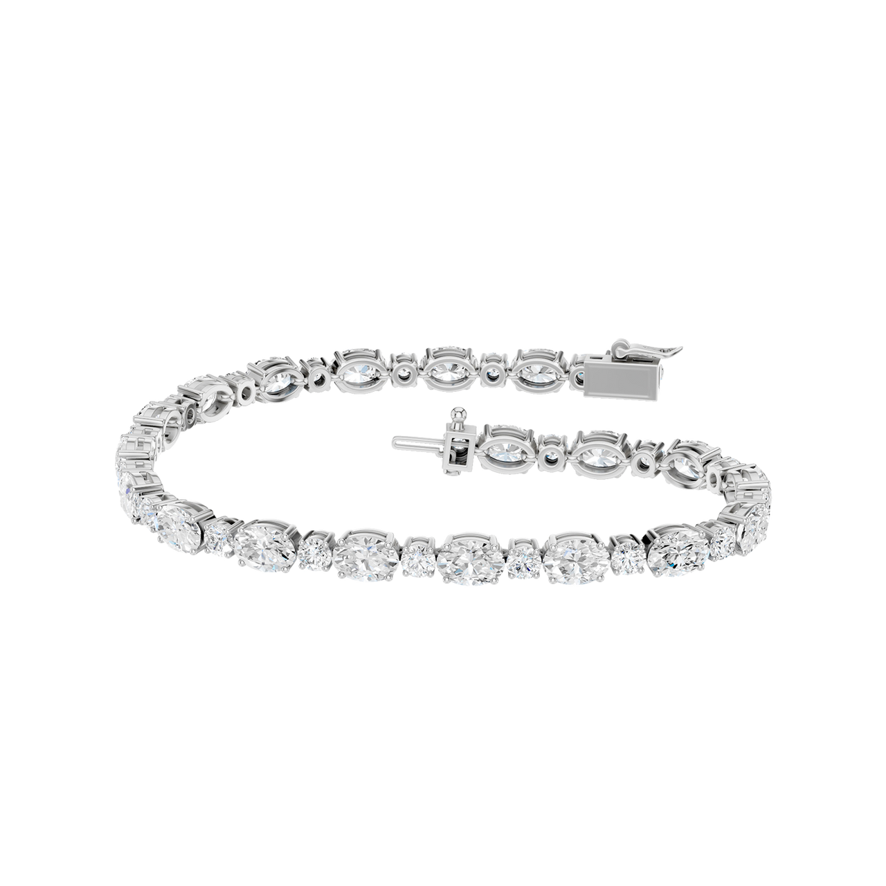 Front view of an oval-cut diamond tennis bracelet in white gold, featuring a continuous row of oval diamonds set in a sleek, articulated design.
