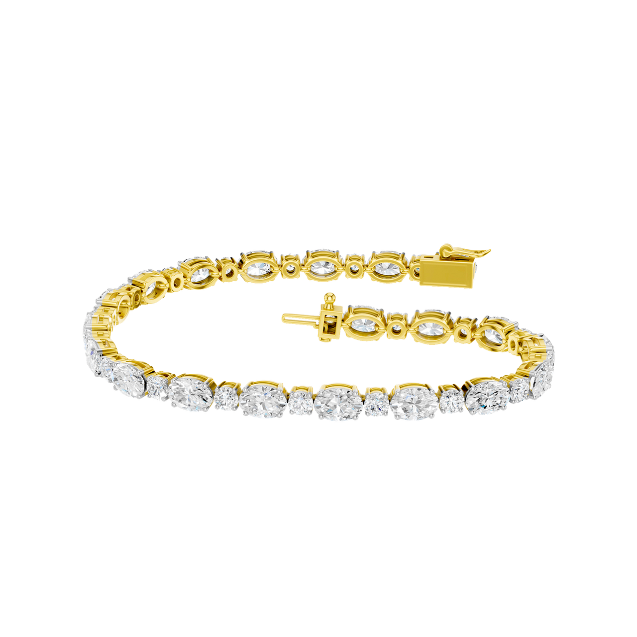 Front view of an oval-cut diamond tennis bracelet in yellow gold, featuring a continuous row of brilliant oval diamonds in a refined gold setting.