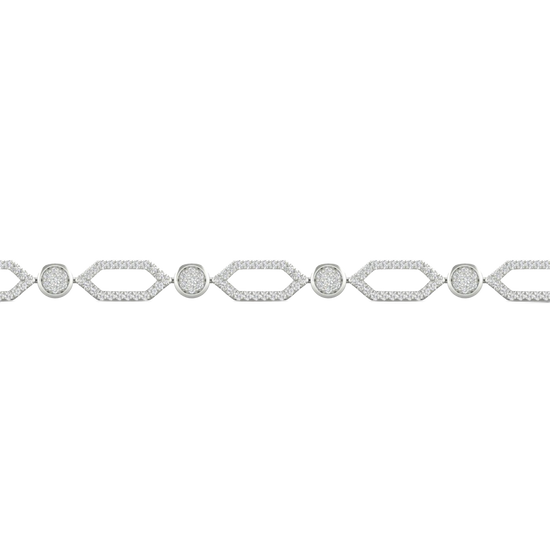 A close-up side view of a 14K white gold geometric bracelet, showing the interconnected hexagonal links with pavé diamonds and a bezel-set center stone.