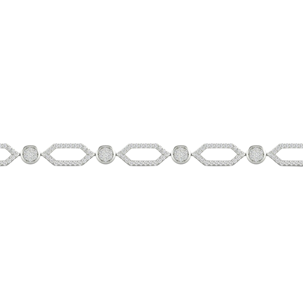 A close-up side view of a 14K white gold geometric bracelet, showing the interconnected hexagonal links with pavé diamonds and a bezel-set center stone.