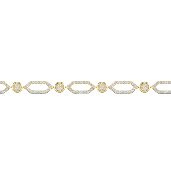A close-up side view of a 14K yellow gold geometric bracelet, showing the interconnected hexagonal links with pavé diamonds and a bezel-set center stone.
