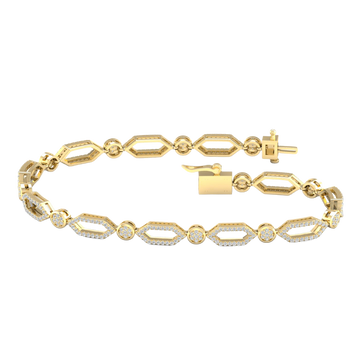 A full top-down view of a 14K yellow gold geometric bracelet, coiled to show the repeating pattern of interlocking links.