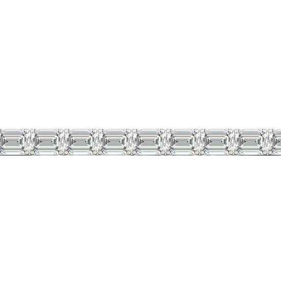 Close-up view of emerald cut white diamonds set in a white gold tennis bracelet, highlighting stone clarity, prong setting, and fine jewelry craftsmanship.