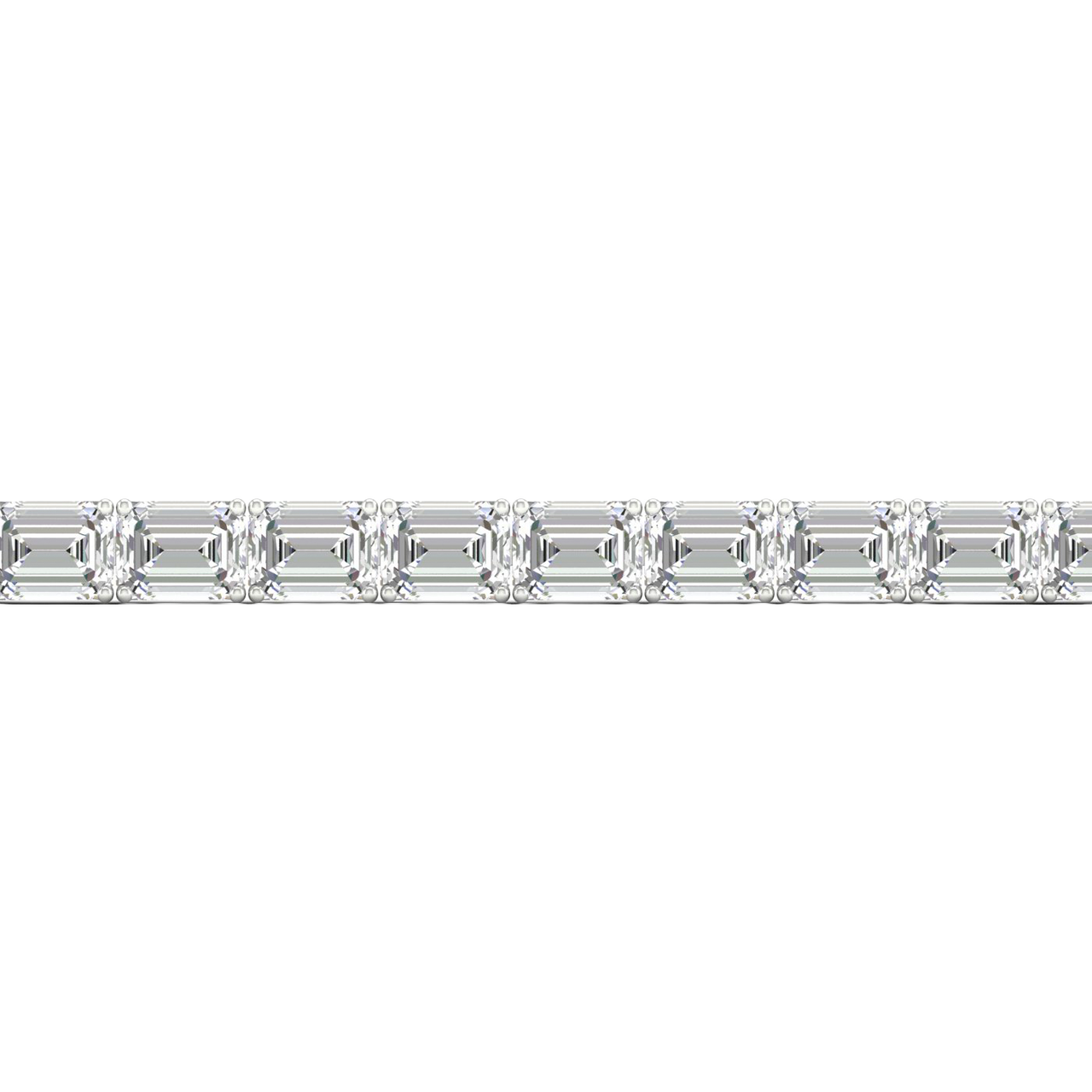 Close-up view of emerald cut white diamonds set in a white gold tennis bracelet, highlighting stone clarity, prong setting, and fine jewelry craftsmanship.